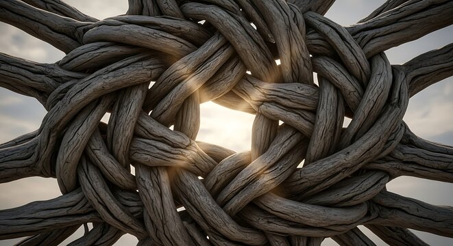 Intricate organic weave of textured wood, forming a secure bond and an infinite loop, illuminated by radiant light, depicting unity and intertwined paths