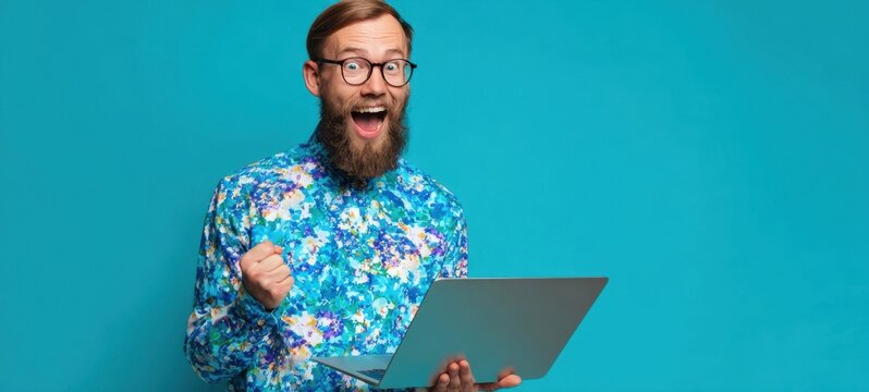 The excited man celebrating success with a laptop in a colorful floral shirt.