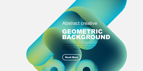 Obraz premium Abstract geometric background features vibrant blue, green hues. Text overlay includes sample content, button. Modern design elements present.