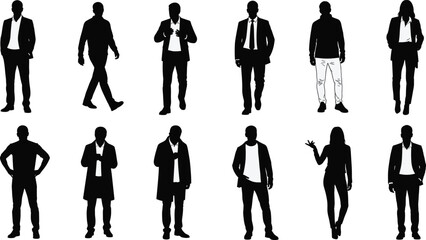 Silhouettes of men and women in business attire, standing and walking in various confident poses, corporate office vector illustration.