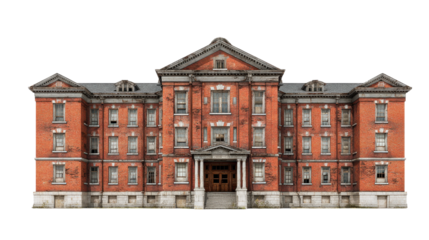 Grand symmetrical red brick hospital building from the early 20th century.