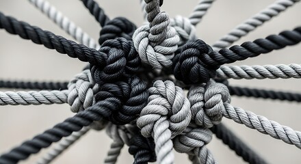 Intertwined Ropes Forming a Complex Network of Knots Symbolizing Unity, Connection, and Collaborative Problem-Solving Challenges