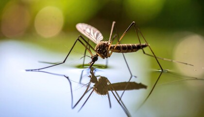 Macro shot showcasing a mosquito resting delicately on the water surface reflecting in the