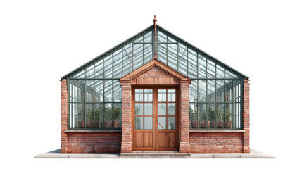 Front view of a photorealistic brick greenhouse with a wooden entrance