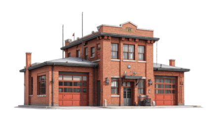 Old-Fashioned Photorealistic Brick Fire Station Building with Multiple Garages