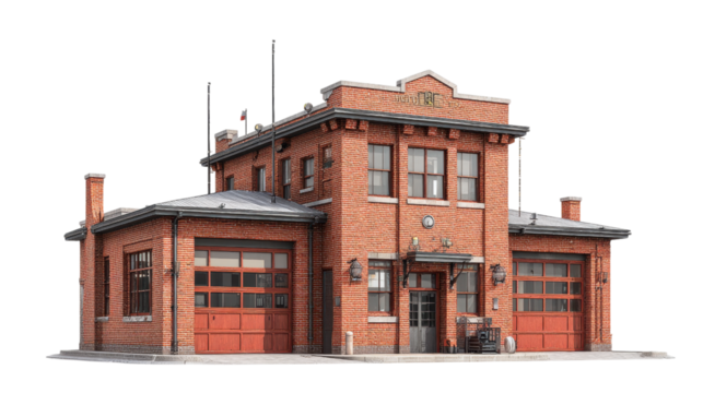 Old-Fashioned Photorealistic Brick Fire Station Building with Multiple Garages