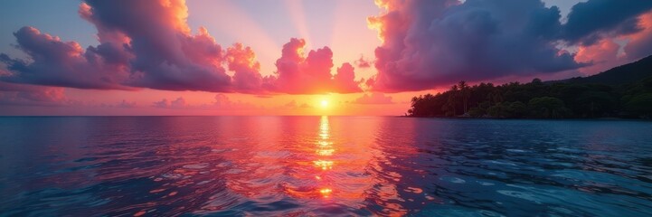 Sunrise paints vibrant hues across Mamanuca Islands, Fiji , clouds, gold