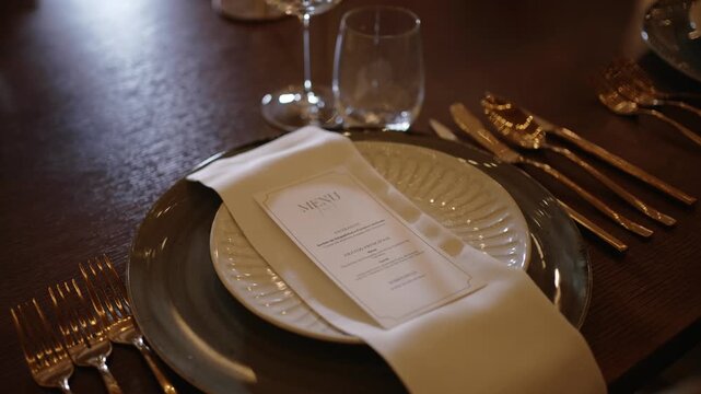 close up of wedding table setting with gold cutlery napkin and printed menu card