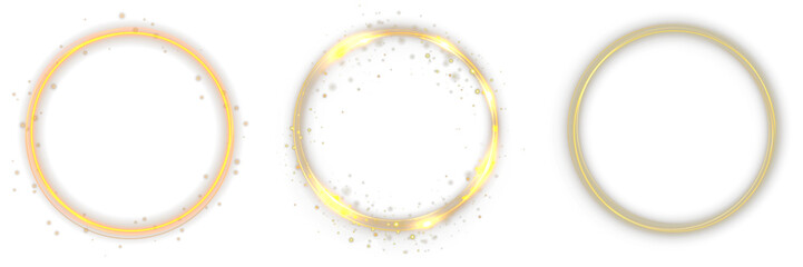 Golden light ring clipart. Shiny glowing halo with sparkles, dust overlay and glitter circle frame. Vector gold glowing round border isolated on transparent background for luxury design projects.