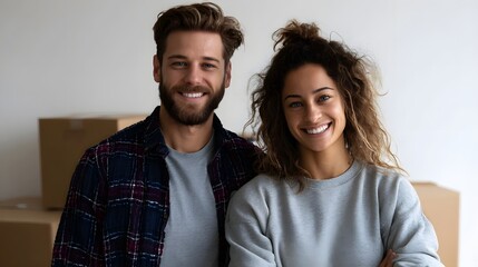 Fototapeta premium Happy young couple smiles while holding apartment lease agreement with moving boxes in the background