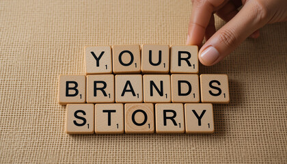 Wooden cubes spelling "Your Brand's Story" on wooden background, hand arranging cubes, showcasing brand storytelling concept for business and marketing
