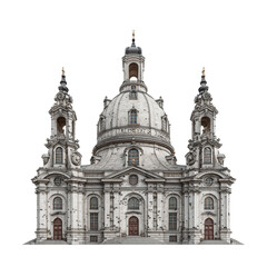 Obraz premium Historic Baroque Church Facade with Large Dome Isolated on Black Background