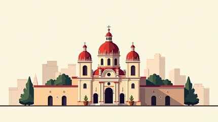 Fototapeta premium Minimalist illustration of cathedral silhouette with domes and towers. Features subtle red, green, and white accents, symbolizing Mexican Independence Day celebration