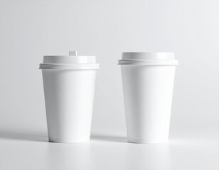 Two Blank White Disposable Paper Coffee Cups with Lids on White Background