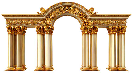 Ornate golden archway with columns isolated on transparent background.
