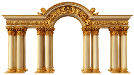 Ornate golden archway with columns isolated on transparent background.
