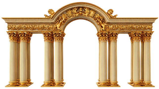 Ornate golden archway with columns isolated on transparent background.