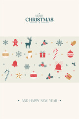 Elegant merry christmas and happy new year card with flat design holiday icons.