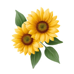 Naklejka premium Sunflower Duet: Two radiant sunflowers, in full bloom, dance together. With their golden petals and lush green leaves, evoking the warmth and vitality of summer, they symbolize joy, positivity.