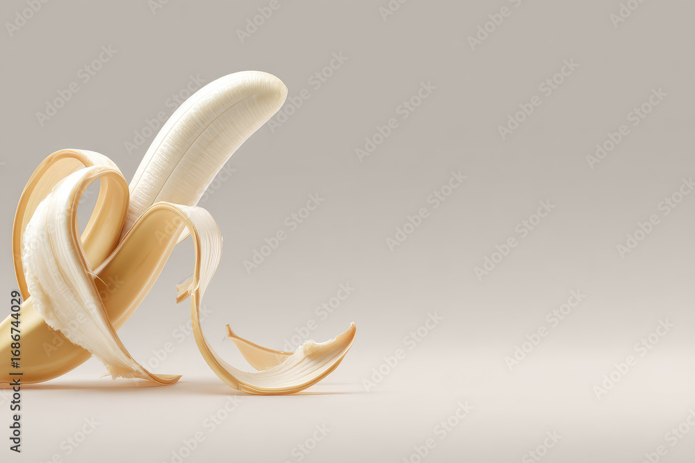 Poster peeled banana with soft light shadow minimal style surreal calm mood smooth texture beige background