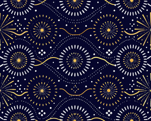 Seamless pattern of abstract fireworks and golden waves on dark blue background
