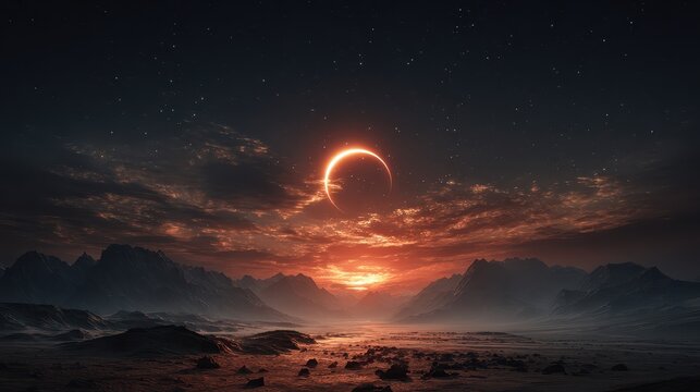 Glowing eclipse shines brightly over a barren landscape with jagged mountains in the distance under a starry night sky