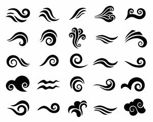 Collection of black swirling wave and cloud icons and symbols