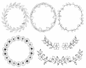 Collection of hand drawn floral wreaths and botanical elements