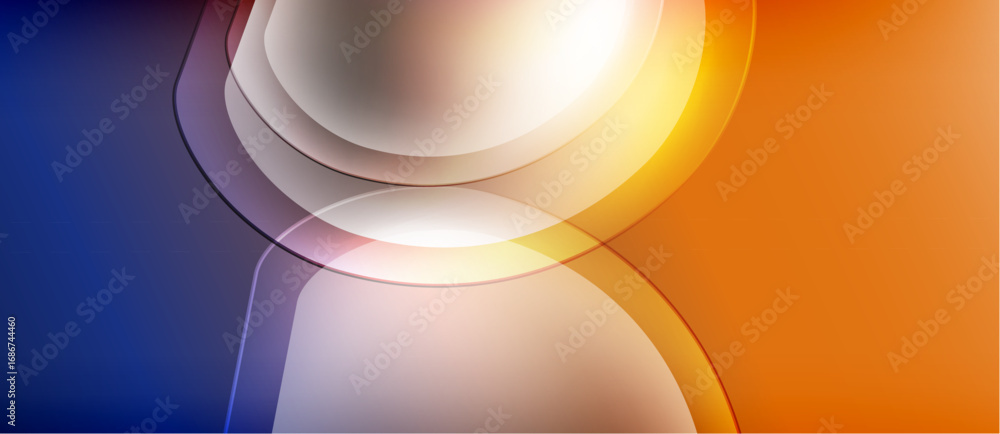 Poster abstract composition. overlapping shapes create luminous effect. blue, orange hues dominate visual s