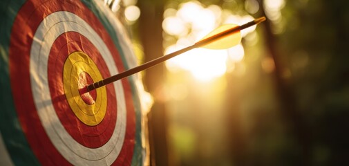 The arrow hitting the target at sunset in a serene forest setting.