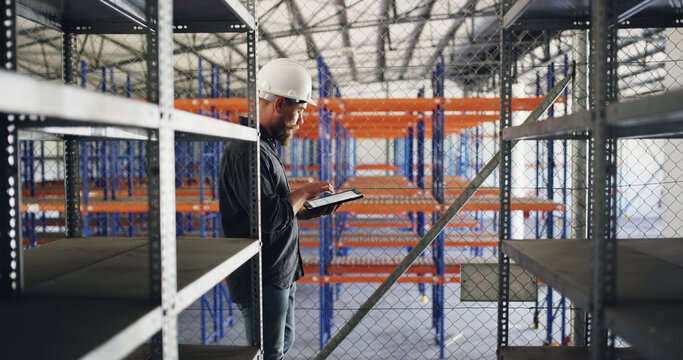 Man, tablet and supervisor at warehouse for logistics inspection, checklist and inventory management. Male person, digital and export safety of distribution, supply chain and stock control at factory