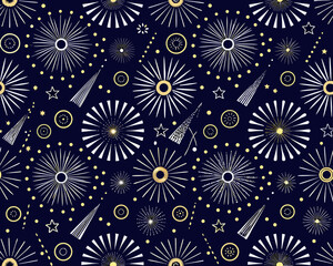 Seamless pattern of white and gold fireworks and stars on a dark blue background