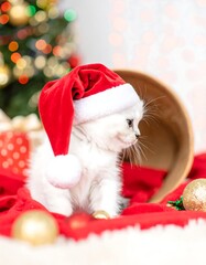 Adorable white kitten in a Santa hat amidst Christmas decorations