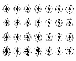 Collection of black lightning bolt icons with radial burst effects