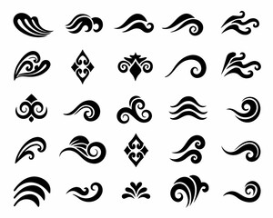 Fototapeta premium Collection of black stylized wave and floral ornamental design elements