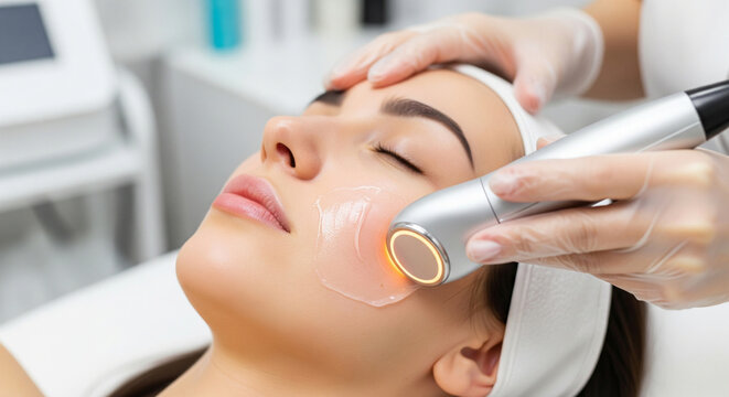 Close-up of a young woman undergoing a radio wave RF lifting procedure in a beauty salon