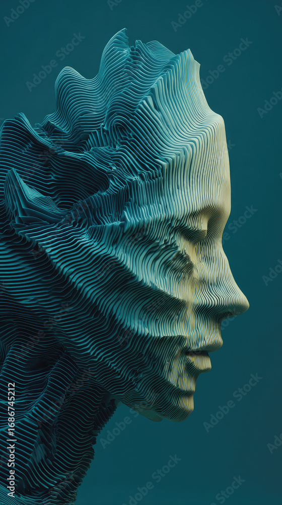 Poster abstract side profile face dissolving into calm wave like layers, serene expression, modern digital 