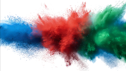 Colorful Powder Explosion in Blue Red Green on White Background for Creative Art Design