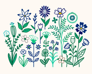 Hand drawn floral pattern with blue and green flowers and leaves