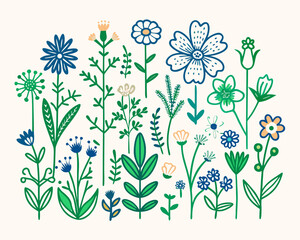 Collection of hand drawn wildflowers and green leaves on a light background