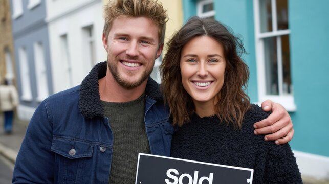 A couple is posing for a picture with a SOLD sign in front of them. They are smiling and seem happy