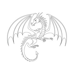 Intricate line art depicting a majestic dragon with spread wings