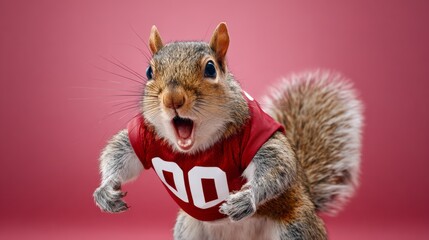 A squirrel wearing a red jersey with the number 00 on it. The squirrel is making a loud noise, possibly yelling or cheering