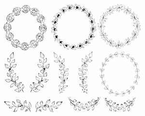 Collection of hand drawn floral and leafy wreaths and branches