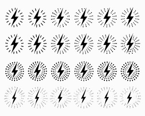 Collection of black lightning bolt icons with radiating lines and dots