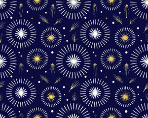 Seamless pattern of white and gold fireworks on a dark blue background