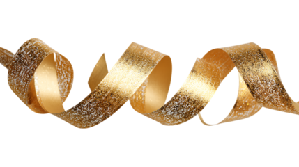 Elegant golden ribbon curl isolated on transparent background .