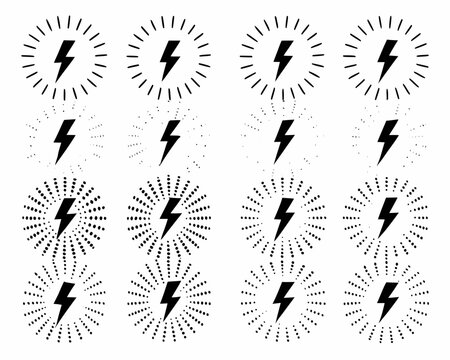 Collection of black lightning bolt icons with radiating lines and dots