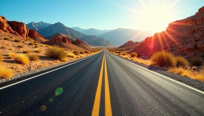Sun-baked asphalt ribbon cuts through arid California landscape, sky, arid