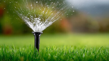 Sprinkler system spraying water over lush green grass in a vibrant garden, showcasing the irrigation process and enhancing the beauty of the landscape with droplets glistening in sunlight